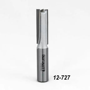 Straight router bit for woodworking, carbide-tipped with 12-727 model number, on white background.