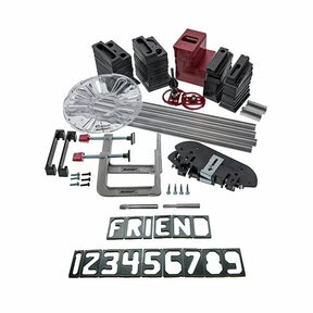 Woodworking sign making jig kit with clamps, templates, rails, and router accessories
