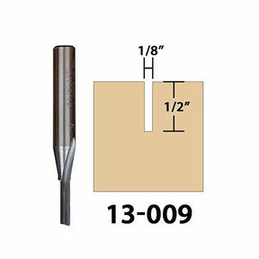 Straight router bit with diagram showing 1/8 inch wide, 1/2 inch deep slot cut, item 13-009