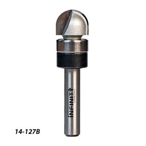 Ball nose router bit with bearing for woodworking, labeled 14-127B, on white background.