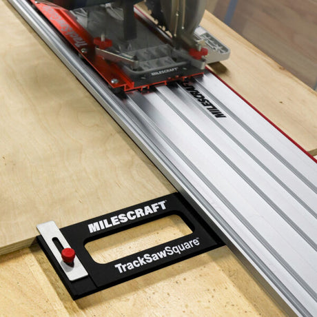 Track saw guide rail with Milescraft TrackSawSquare and circular saw cutting plywood