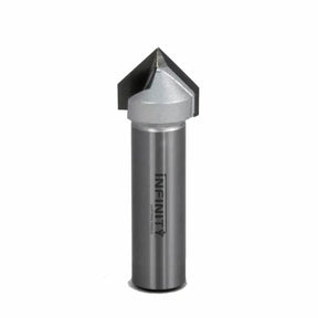 Carbide-tipped router bit with sharp V-groove, ideal for precise woodworking cuts.