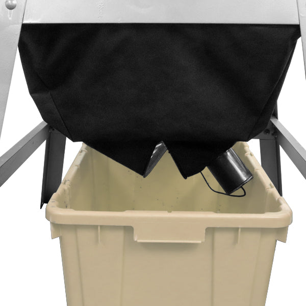 Dust collection system funnel with fabric bag above plastic bin for woodworking