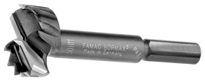 Carbide-tipped Forstner drill bit for woodworking, engraved with product details