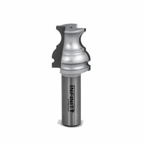Decorative edge router bit for woodworking, silver metal with engraved branding.