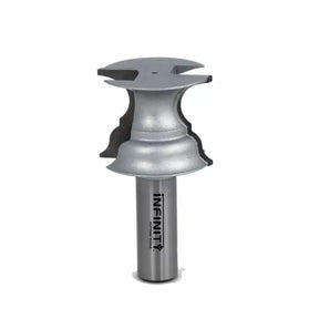 Woodworking router bit with silver carbide cutting edges, cylindrical shank, isolated on white