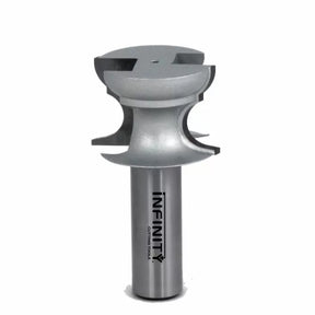 Carbide woodworking router bit with silver finish and double round-over cutting edges