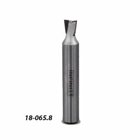 Dovetail router bit with steel body and cutting edge, labeled 18-065.8 on white background