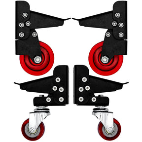 Set of four heavy-duty red and black workbench casters with metal brackets for woodworking.