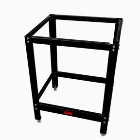 Black metal router table stand frame with adjustable feet for woodworking