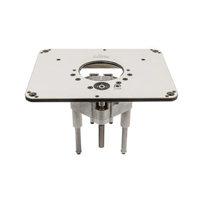 Router lift system with metal plate and adjustment dial for woodworking router tables