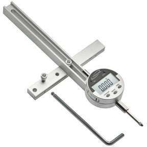 Digital woodworking depth gauge with LCD screen and adjustment tool on white background