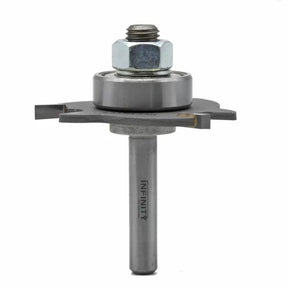 Carbide router bit with bearing and washer, woodworking tool on white background