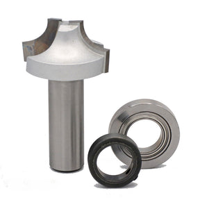 Roundover router bit with bearings, woodworking cutting tool on white background