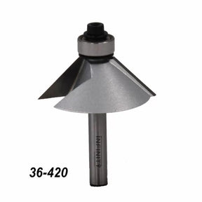 Chamfer router bit with bearing, silver finish, item number 36-420, for woodworking tools.