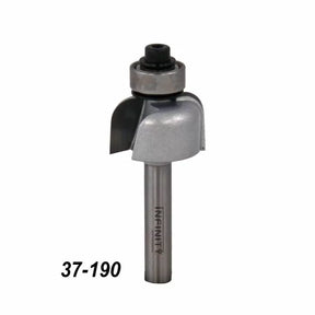 Roundover router bit with bearing, labeled 37-190, used for woodworking.