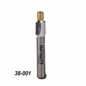 Straight router bit with carbide tip for woodworking, labeled 38-001, isolated on white background.