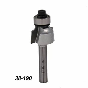 Roundover router bit with bearing, woodworking tool, model 38-190 on white background.
