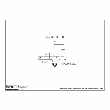 Technical drawing of router bit with bearing, labeled dimensions and part number 38-285.