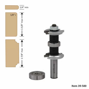 Woodworking router bit set with bearings and cutting profile diagrams for joinery, item 39-500.