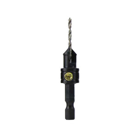 Hex shank woodworking drill bit with adjustable stop collar on white background