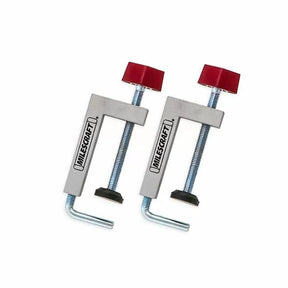 Pair of woodworking clamps with red handles and Milescraft logo, ideal for securing workpieces