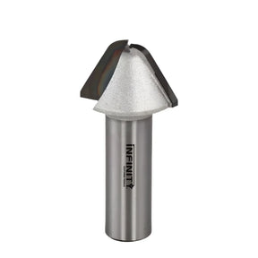 Carbide-tipped chamfer router bit for woodworking with engraved shaft and sharp angled edges