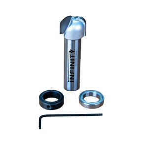 Half inch shank bowl and tray router bit with bearing, parts, and hex key on white background
