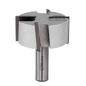 Four-wing carbide surfacing router bit for woodworking on white background