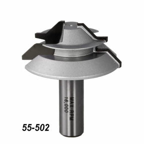 Carbide-tipped router bit with steel shank, labeled 55-502, for woodworking joinery.