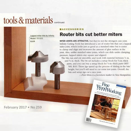 Lapped miter router bits for woodworking displayed on wood with magazine article background.