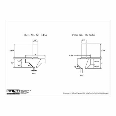Technical drawing of two bevel router bits for woodworking with labeled dimensions.