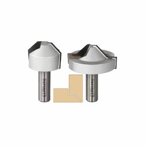 Carbide chamfer router bits for woodworking with cutaway corner diagram