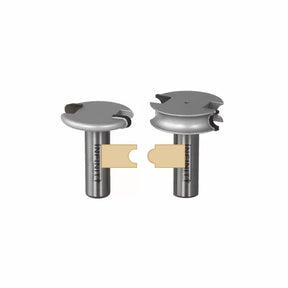 Slot cutter router bits set with sample wood joints for woodworking precision cuts