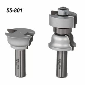 Two silver rail and stile router bits for woodworking, labeled 55-801, on white background.
