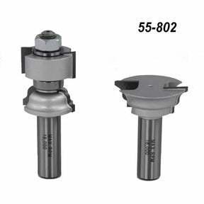 Woodworking router bit set with shank, labeled 55-802, for joinery and edge profiling.