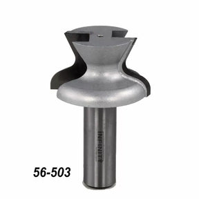 Woodworking router bit with curved profile and steel shank, model 56-503, on white background.