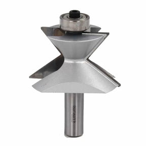 Steel router bit with bearing guide for woodworking, ideal for precision joinery cuts.