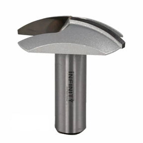 Carbide woodworking router bit with straight shank and curved cutting edges