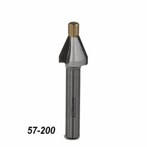 Chamfer router bit with carbide tip for woodworking, shown upright on white background