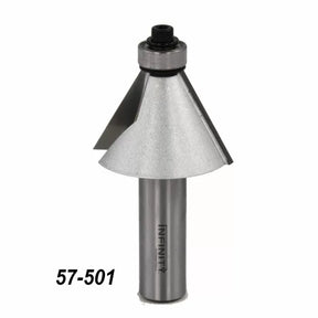 Chamfer router bit with metal blade and 57-501 label on a white background