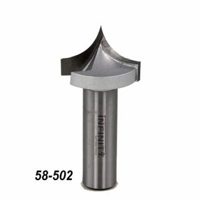 Steel woodworking router bit with sharp V-groove cutting edge, labeled 58-502, on white background.