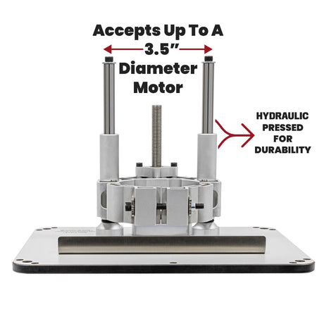 Router lift mechanism with metal base, accepts 3.5 inch motor, hydraulic pressed for durability