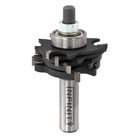 Stacked router bit set with carbide blades and ball bearing for woodworking.
