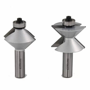 Two silver woodworking router bits with ball bearings for precision joinery cuts