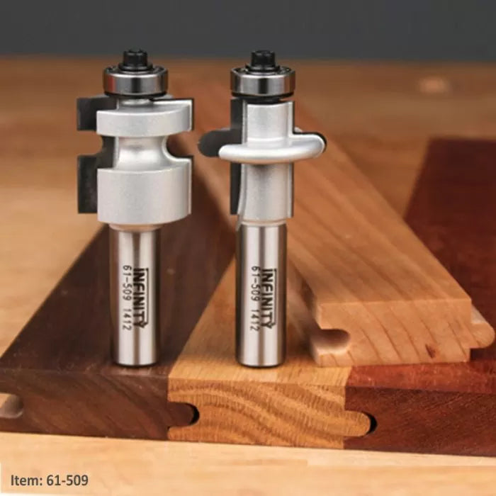 61-509 flooring router bits shown with finished tongue and groove hardwood boards on a workbench