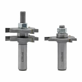 Carbide-tipped router bit set for woodworking, includes stacked slot cutter assemblies