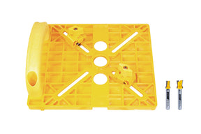 Yellow plastic router guide with adjustable clamps and two straight router bits on white background