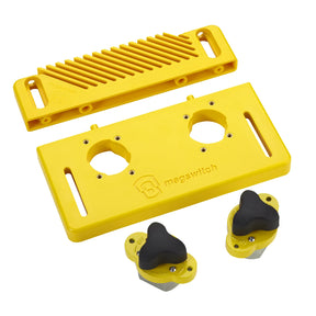 Yellow magnetic woodworking featherboard and base with two switches for table saw safety.