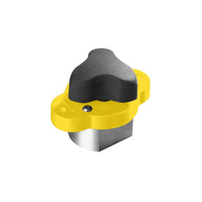Yellow and black woodworking router bit with safety grip on white background